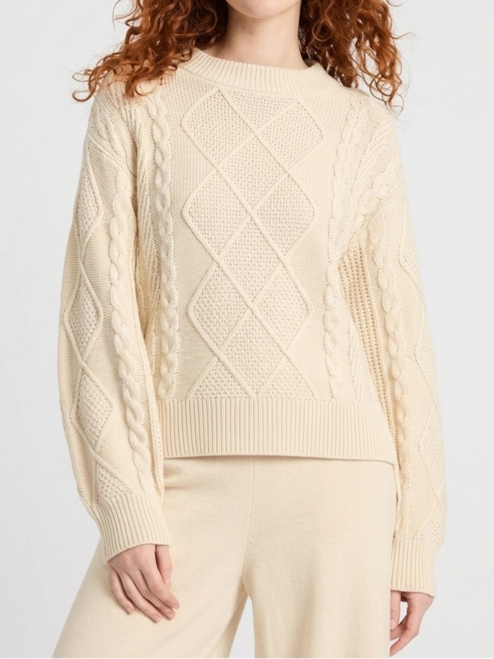 Cream Cable Knit Sweater – Diamond Cable Pattern, Size Medium